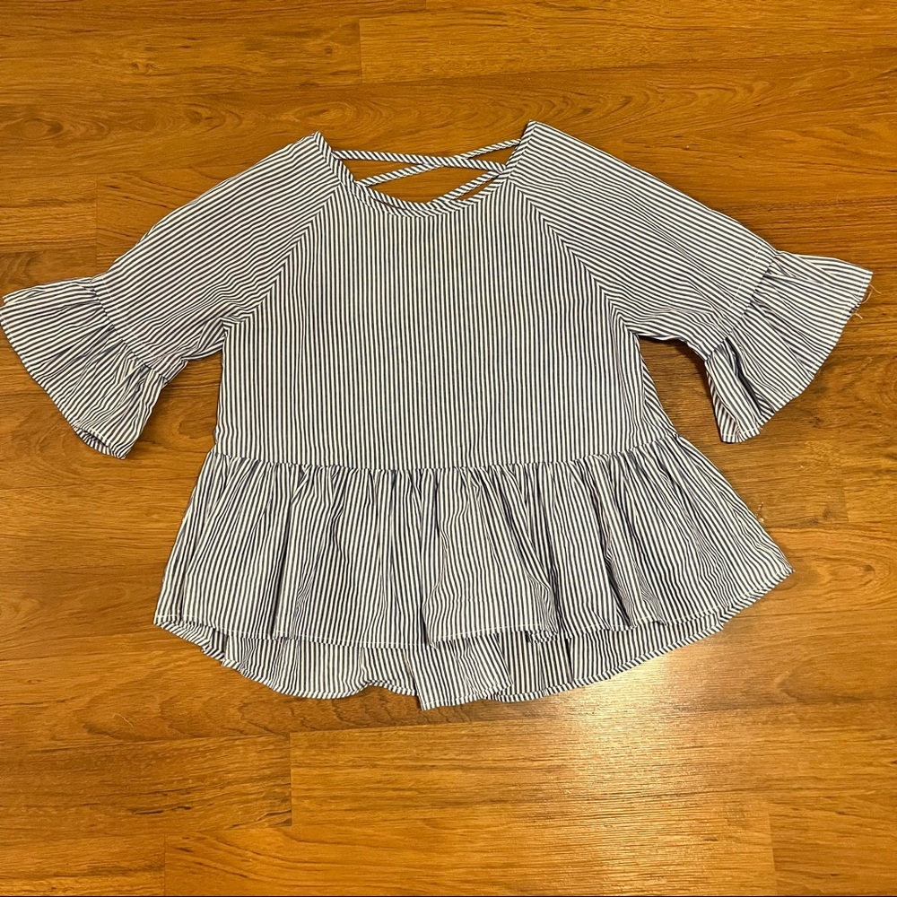 Listicle Blue Stripe Bell Sleeve Ruffle Babydoll Top